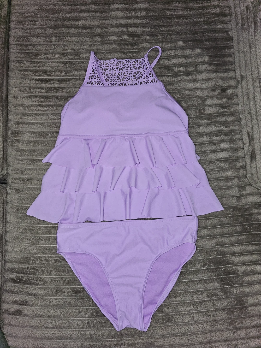 Girls' Lavender Ruffle Tankini with Laser-Cut Back - KD13